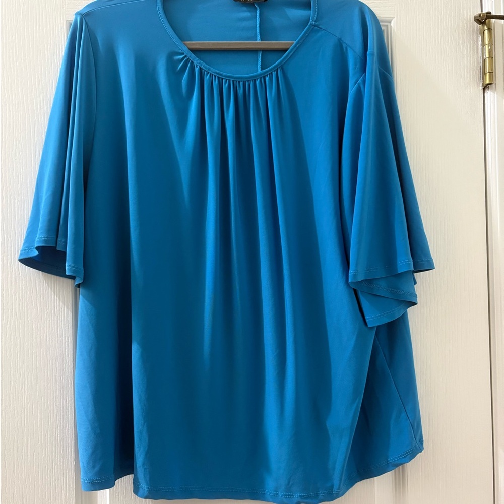 Relaxed Teal Gathered-Neck Short Sleeve Tunic